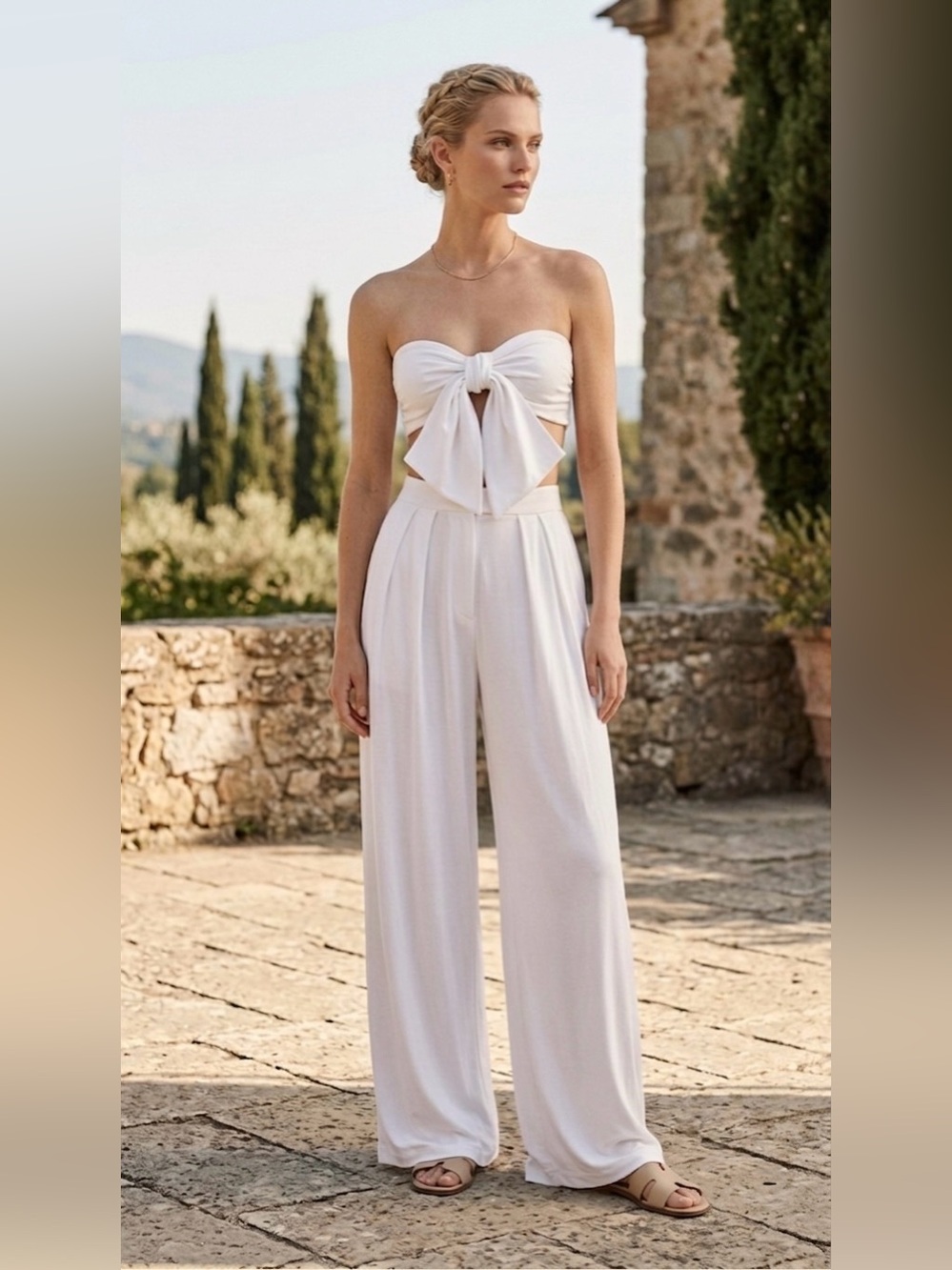 Women’s White Tory Two Piece with Self-Double Layer Wide Leg Pants Medium